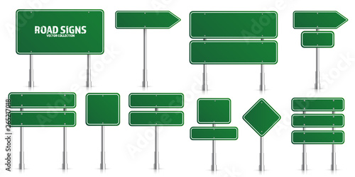 Road green traffic signs set. Blank board with place for text. Mockup. Isolated information sign. Direction. Vector illustration.