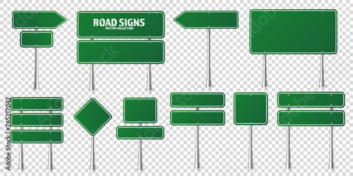 Road green traffic signs set. Blank board with place for text. Mockup. Isolated information sign. Direction. Vector illustration.