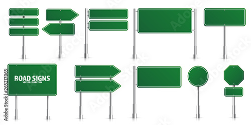 Road green traffic signs set. Blank board with place for text. Mockup. Isolated information sign. Direction. Vector illustration.