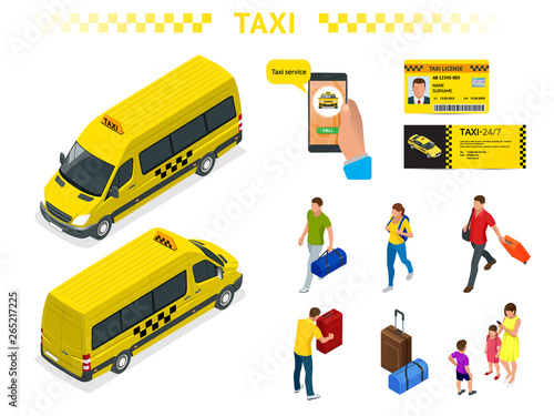 A large set of isomeric images of a taxi car, traveling people with baggage, a mobile taxi call application, a taxi license and a flyer. Character set. Active recreation and travel.