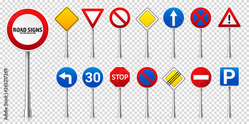 Road highway regulatory signs set. Traffic control and lane usage. Stop and yield. Vector illustration.