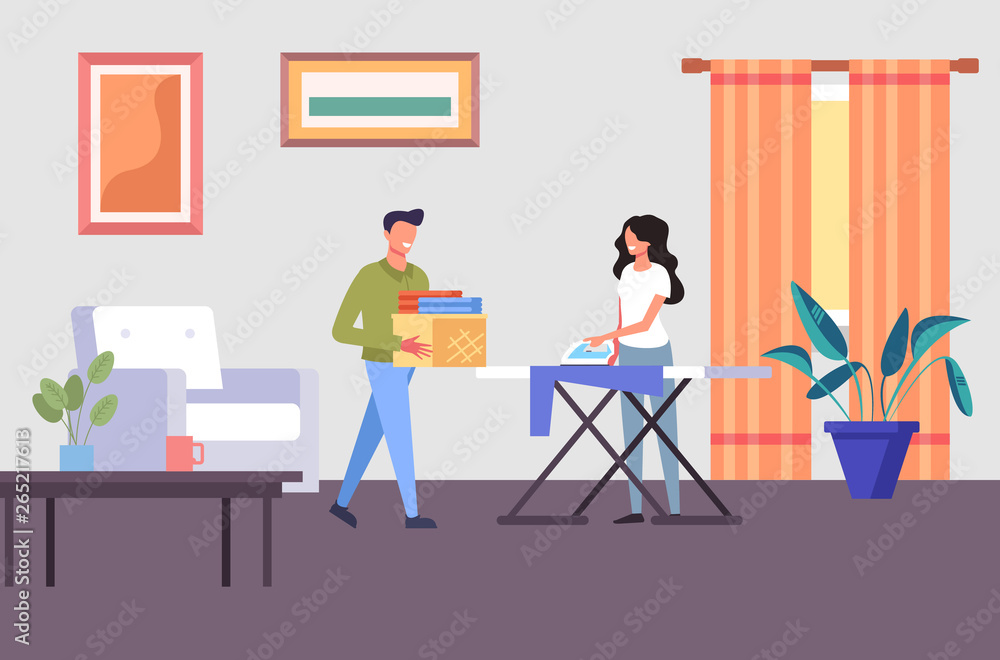 Man and woman family ironing cloth together. House work concept. Vector flat graphic design cartoon illustration Man and woman family ironing cloth together. House work concept. Vector flat graphic design cartoon illustration