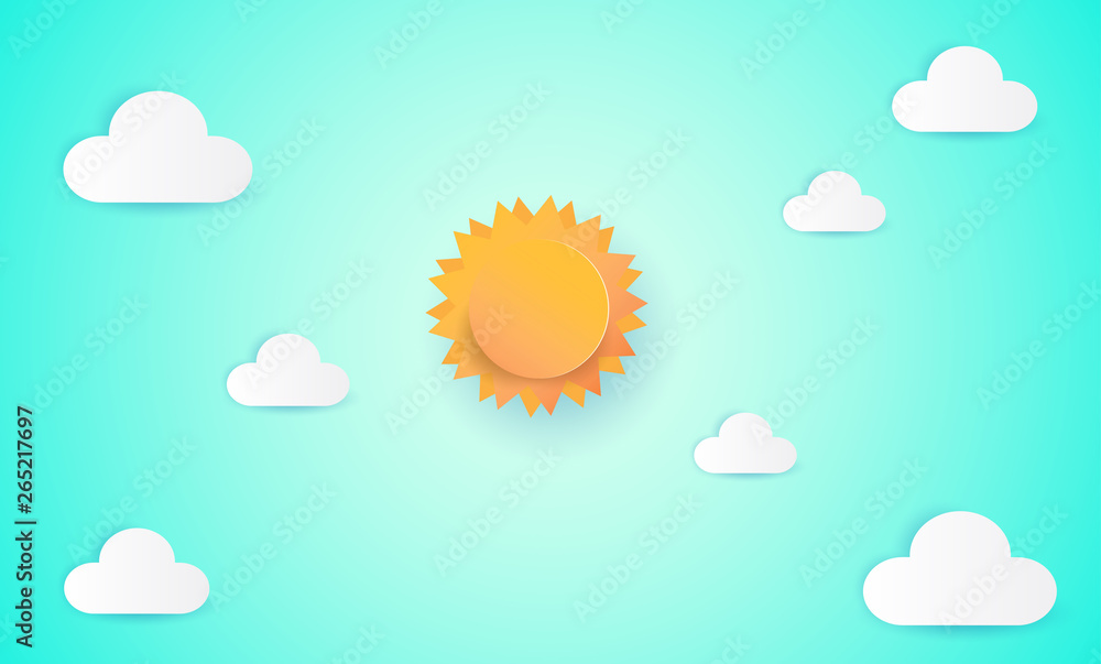Printpaper art of sun and cloud on blue sky. Paper cut style, abstract background composed of white paper clouds and sun, illustration vector background flat design Printpaper art of sun and cloud on blue sky. Paper cut style, abstract background composed of white paper clouds and sun, illustration vector background flat design