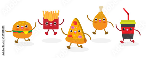 Printset of Pizza slice funny. Fastfood. Pizza design. Vector illustration cartoon character isolated on white background