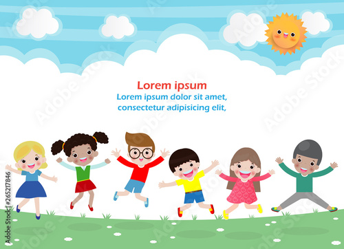 PrintKids jumping on the park, children jump with joy, happy cartoon child playing on the playground, isolated background Template for advertising brochure,your text Vector Illustration