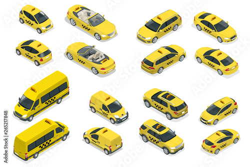 Isometric flat high quality city service transport icon set. Car taxi. Build your own world web infographic collection. Taxi branding mockup. © Golden Sikorka