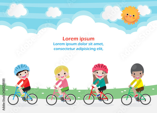 PrintHappy kids on bicycles  Children riding bike  Healthy cycling with kids in park  group of child biking on background. Template for advertising brochure your text  Vector Illustration