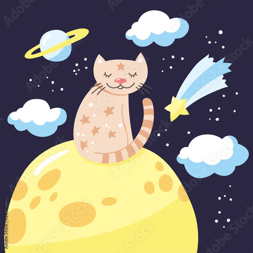Cartoon cat sitting on the moon. Childish poster. Vector illustration with cute kitty and night sky.