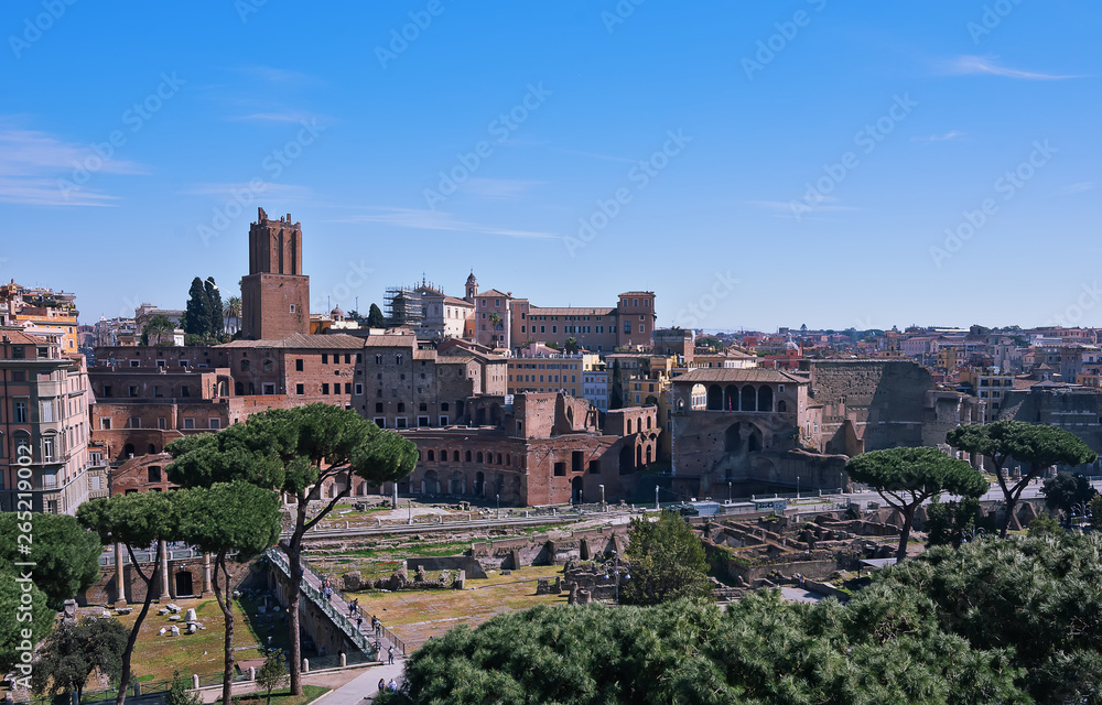 Rome, Italy - march 22, 2019: The forum and Market of Trajan in Rome, Italy. Trajan's Market (Mercati di Traiano) . Beautiful panoramic view of Trajan's Market in summer