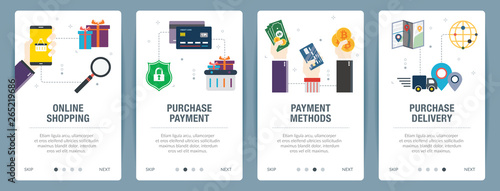 Vector set of vertical web banners with online shopping, purchase payment, payment methods, purchase delivery. Vector banner template for website and mobile app development with icon set.