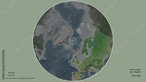 Jan Mayen and its capital circled and zoomed on the global satellite map in the van der Grinten I projection with animated oblique transformation. Animation 3D photo