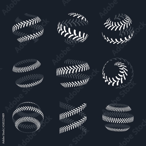 Tractor tire print vector logo collection. Wheel traces icon set on dark background