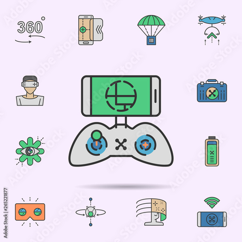 Drone control mobile colored neon icon. Elements of virtual reality set. Simple icon for websites, web design, mobile app, info graphics