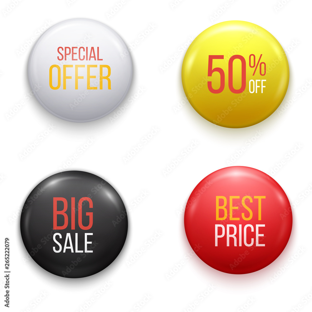 Realistic glossy sale buttons or badges. Product promotions. Realistic glossy sale buttons or badges. Product promotions.
