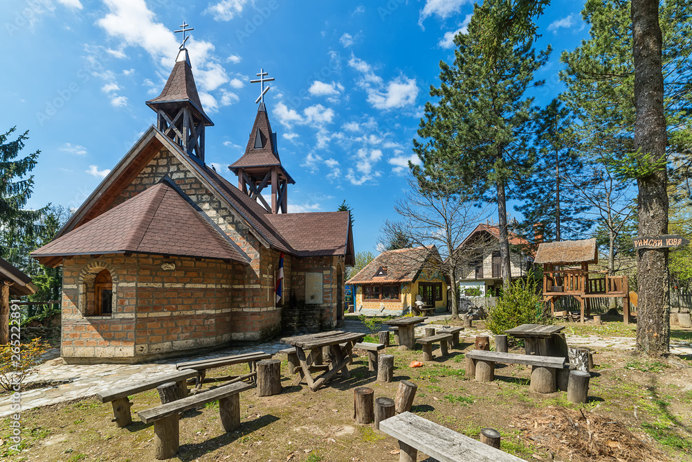 Fototapeta premium Cer, Serbia April 19, 2019: Church of St. Jovana Sangajskog on Cer is a memorial - a church to Serbian heroes in battle of Cer.