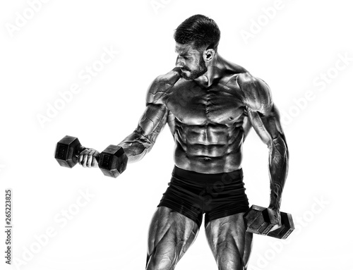 Handsome Muscular Men, Bodybuilder Lifting Weights. Black and White Image © mrbigphoto