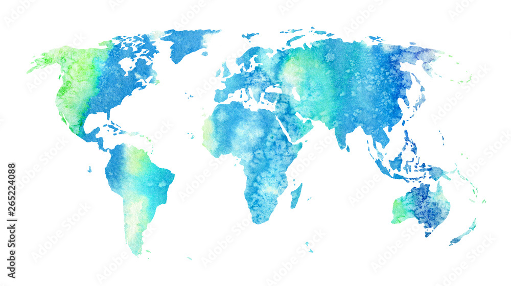 World map.Earth.Watercolor hand drawn illustration.White background.