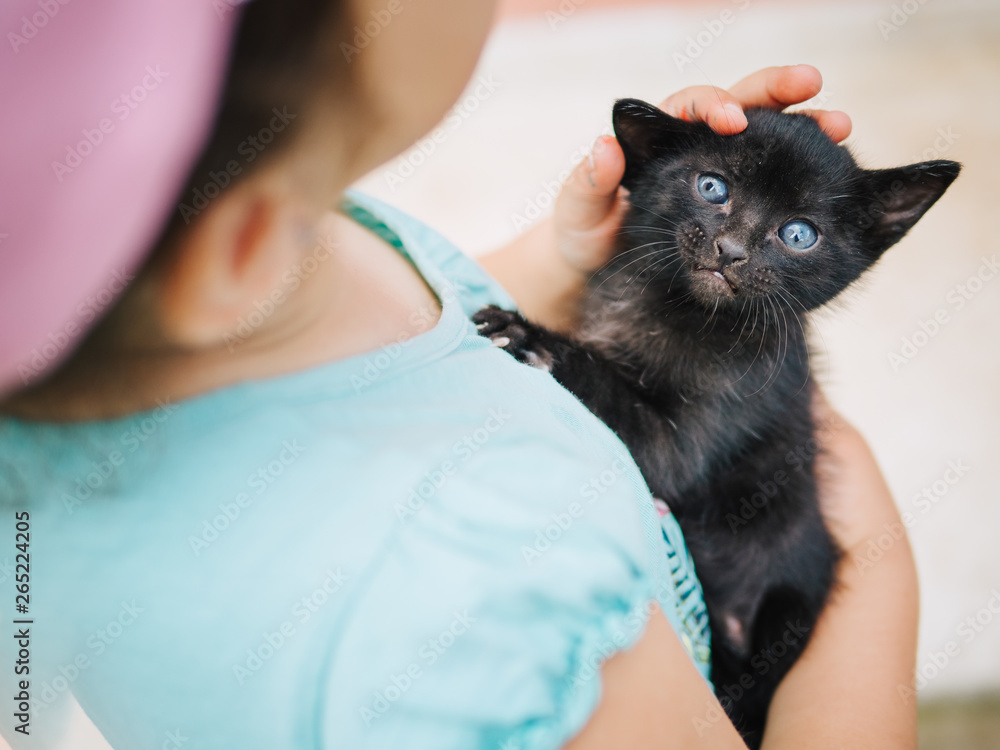 tender scene of cute little girl holding and rocking a small black pussycat tender scene of cute little girl holding and rocking a small black pussycat
