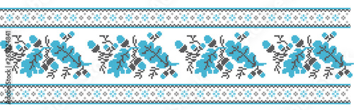 Ethnic design elements for cross-stitch embroidery in Ukrainian traditional style. Blue colors, vector illustration with acorns and oaks leafs