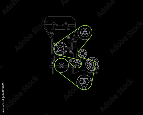 Front of modern four stroke engine with belt, gear and bearing elements