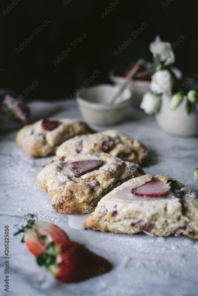 Strawberry scones on marble table Strawberry scones on marble table