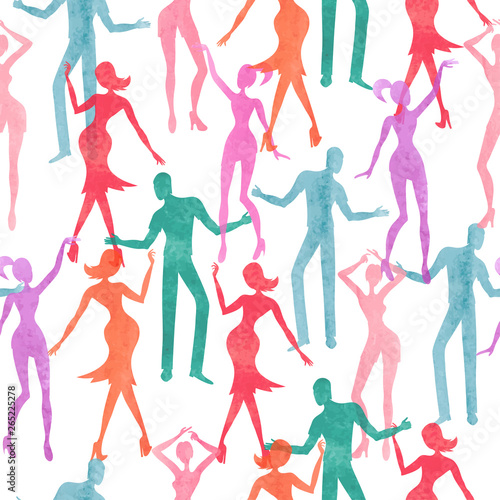 Seamless dance pattern. Vector colorful background with watercolor dancing people. © Afanasia