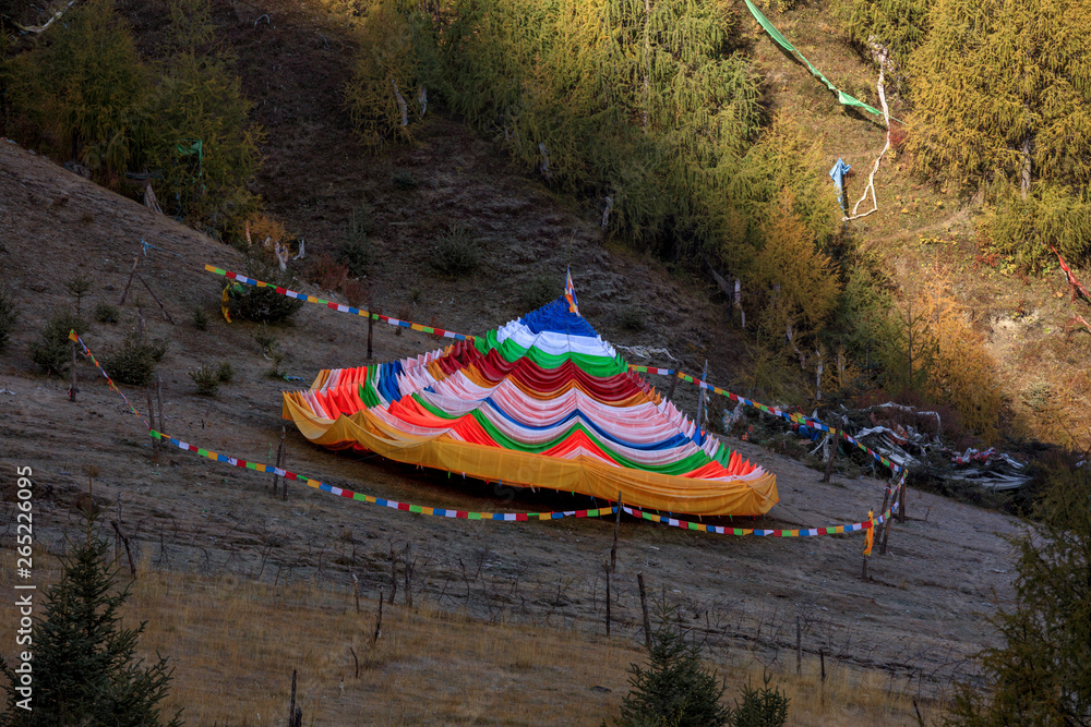 Colorful Arrangement Of Tibetan Prayer Flags Near The Village Of Bamei 