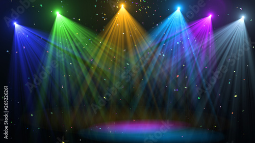 abstract of empty stage with colorful spotlights or Several bright projectors for scene lighting effects . can be used for display or montage your products