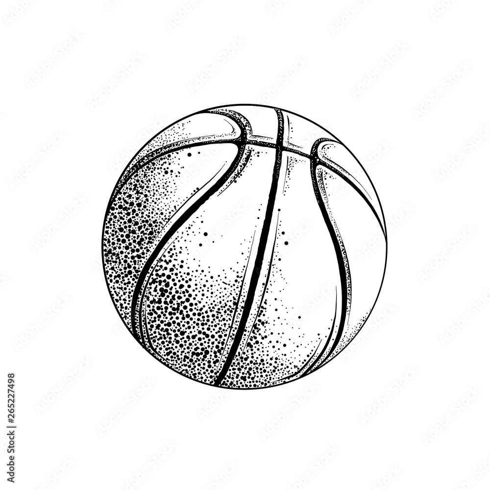 Vecteur Stock Vector drawing of basketball ball in black color, isolated on  white background. Graphic illustration, hand drawing. Drawing for posters,  decoration and print. Vector illustration | Adobe Stock