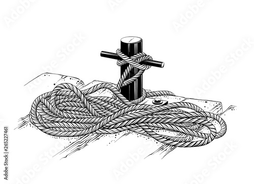 Vector drawing of mooring rope in black color, isolated on white background. Graphic illustration, hand drawing. Drawing for posters, decoration and print. Vector illustration
