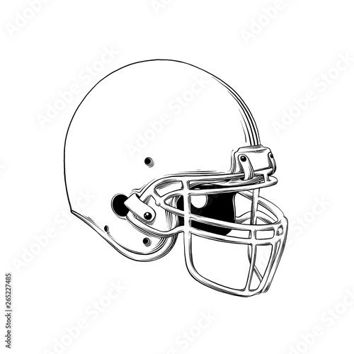 Vector drawing of american football helmet in black color, isolated on white background. Graphic illustration, hand drawing. Drawing for posters, decoration and print. Vector illustration