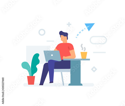 Guy is sitting with a laptop in a cafe icon, illustration. Smartphones tablets user interface social media.Flat illustration Icons infographics. Landing page site print poster.