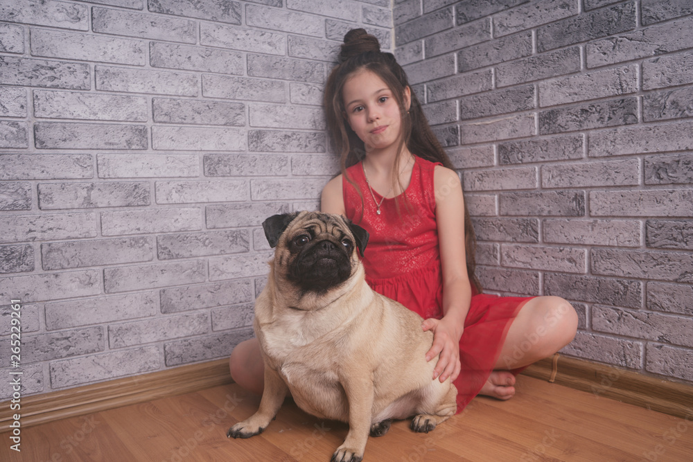 Charming girl sitting on floor with dog Smiling cute little girl with ...