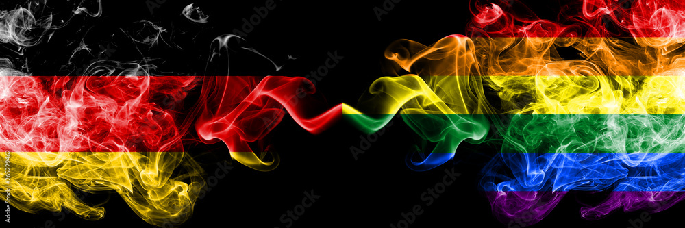 Germany vs Gay pride smoky mystic flags placed side by side. Thick colored silky smoke flags of Deutschland and Gay pride