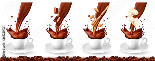 Set of coffee  with different flavors and splash in cups. Chocolate, almond, honey, vanilla. Vector illustration.