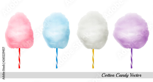 Vector realistic cotton candies on colourful confectionery candyfloss sticks. Sweet sugar clouds.