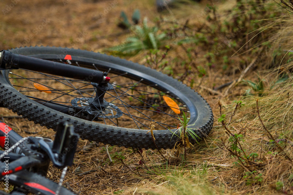 Naklejka premium close up of a front mountain bike fork, laying on the grass, negative space