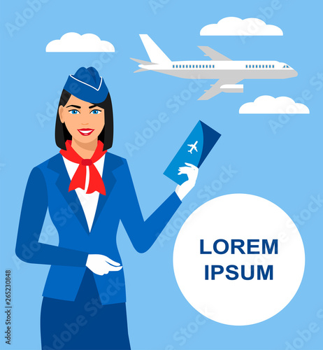 vector Illustration of stewardess dressed in blue uniform with tickets in hand