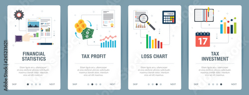 Vector set of vertical web banners with financial statistics, tax profit, loss chart and tax investment. Vector banner template for website and mobile app development with icon set.