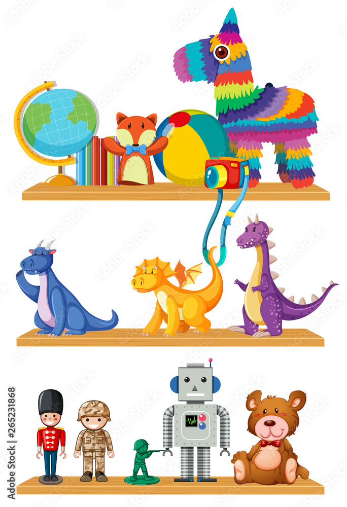 Naklejka premium Set of toys on shelf