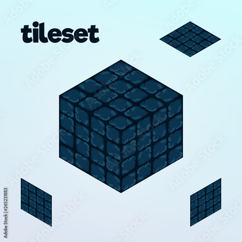 Set of 3 hand drawn stylized blue bricks seamless patterns. Endless stone vector textures for floor, ground, walls. Template design for isometric game.