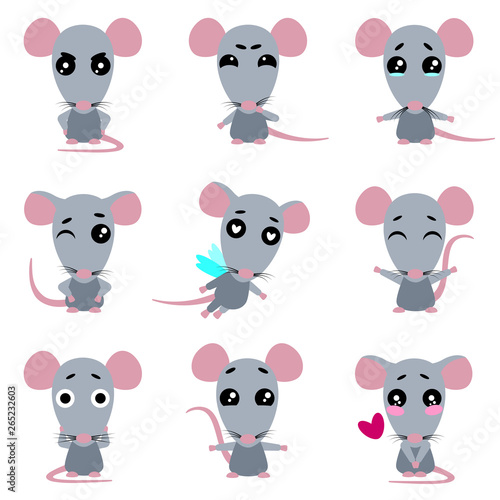 Cute gray rats. Rat in kawaii style. Vector set.