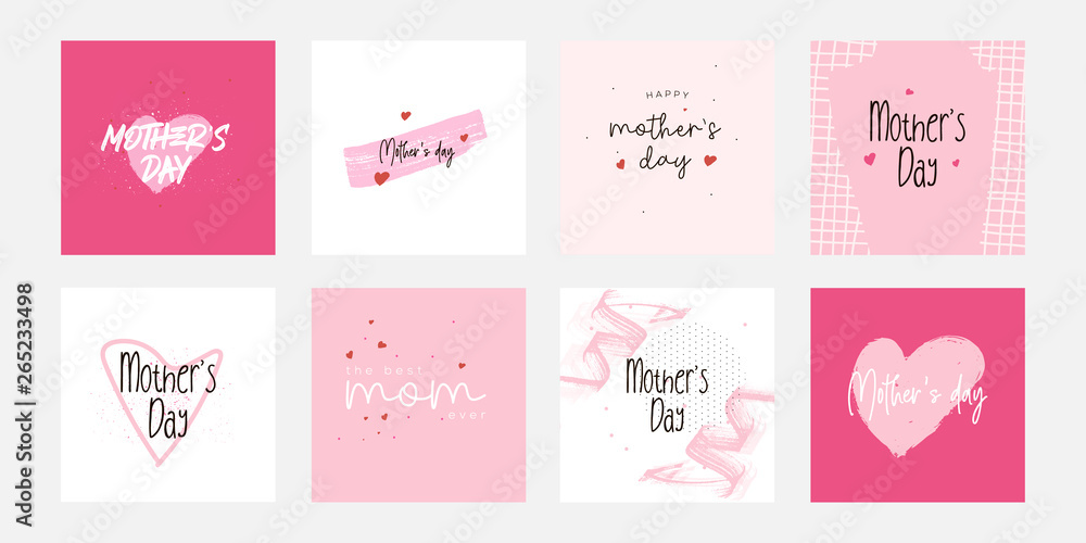 Set of Happy Mothers Day lettering greeting cards template. Hand drawn elements and letters. Suitable collection for background, banner, sticker, e-mail, website. Vector illustration