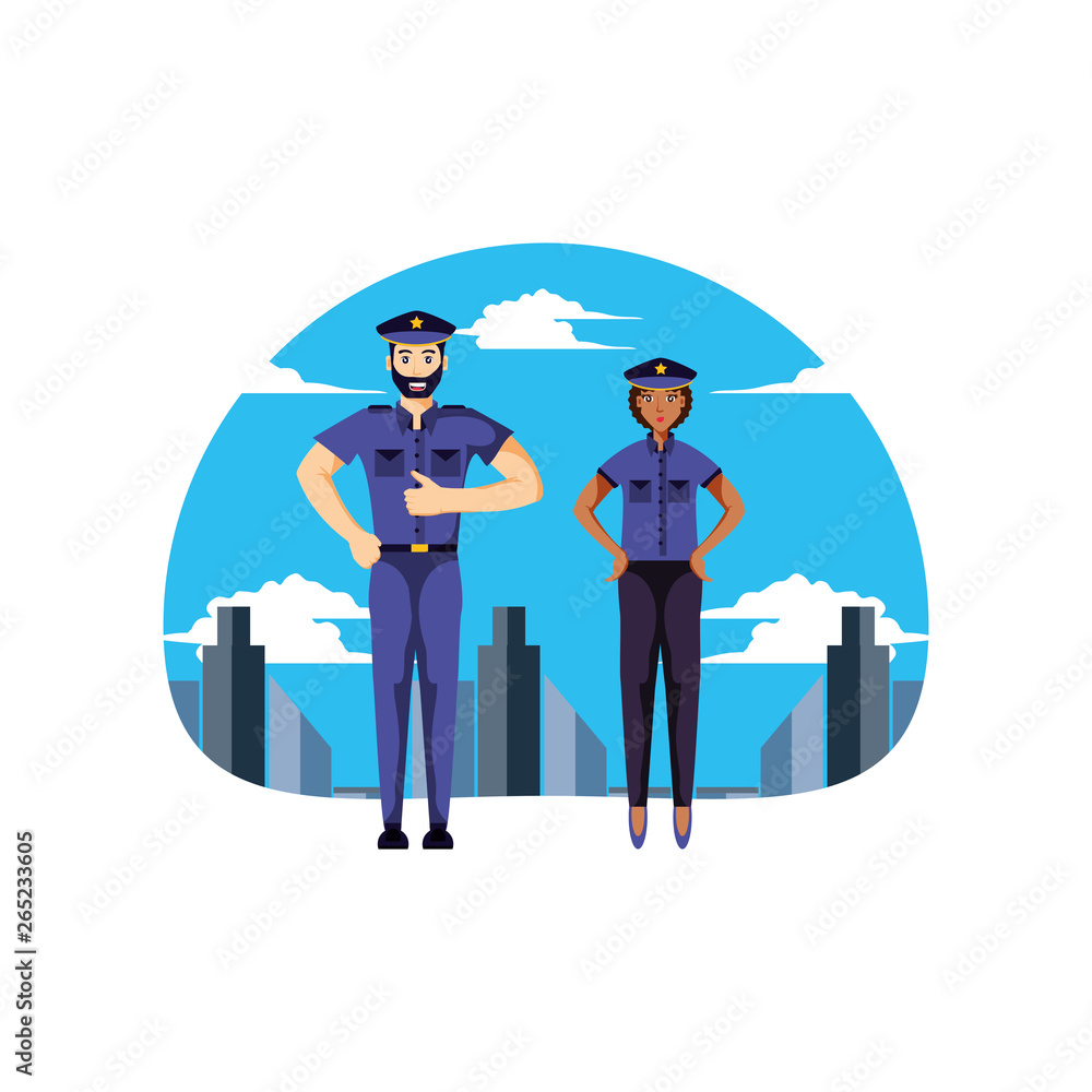 police officer couple with cityscape police officer couple with cityscape