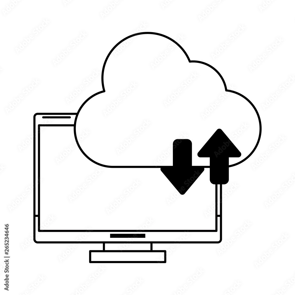 computer with cloud tranfer symbol computer with cloud tranfer symbol
