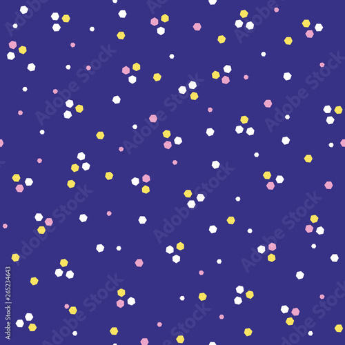 Abstract organic cut dotty circles. Vector pattern seamless background. Hand drawn textured style. Polka dot hexagon graphic illustration. Party celebration decor, boho cfun onfetti fashion print.