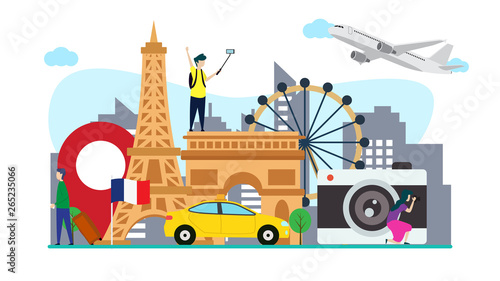 travel to paris creative illustration vector of graphic , small people traveling in paris illustration vector , eiffel tower vector , new york city concept vector france flat illustration