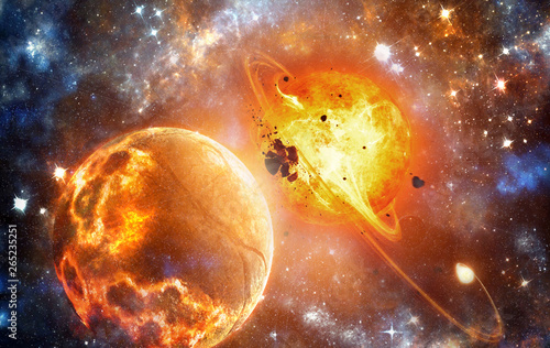 Abstract artistic glowing bright fiery exploding planet in a supernova artwork