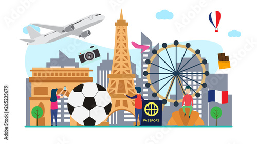 travel to paris creative illustration vector of graphic , small people traveling in paris illustration vector , eiffel tower vector , new york city concept vector france flat illustration