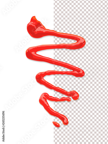 Realistic 3d Ketchup illustration. Flowing red tomato sauce isolated on white background. Pasta condiment vector illustration. Top view